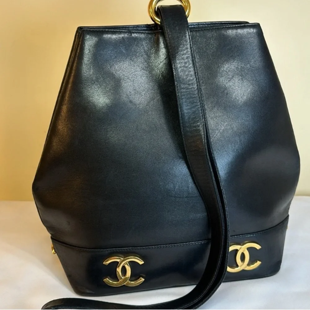 CHANEL CC Calfskin Shoulder Bucket Bag 24K Goldplated.